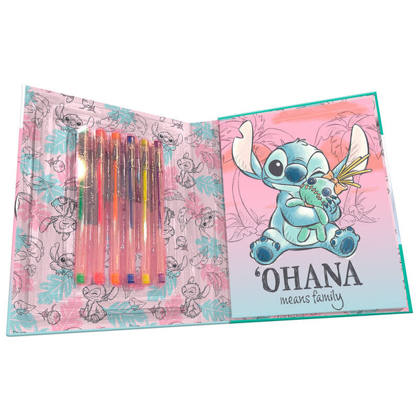 Set de 6 stylos gel colorés inclus avec le cahier d'activités Disney Stitch pour dessiner et écrire