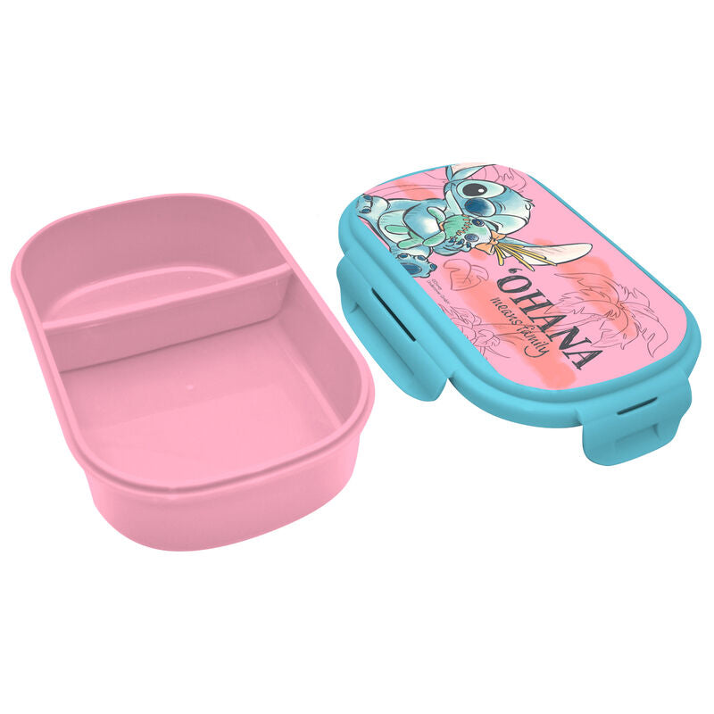 Boîte à déjeuner Stitch ouverte montrant l’intérieur compartimenté et les couverts