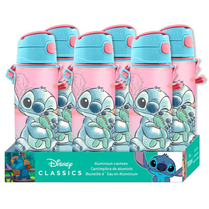 Détail de la gourde Disney Stitch montrant le design coloré et la texture aluminium
