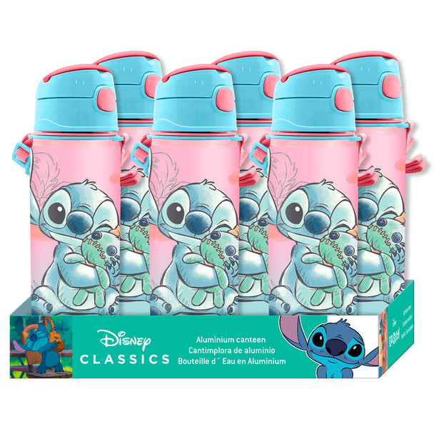 Détail de la gourde Disney Stitch montrant le design coloré et la texture aluminium
