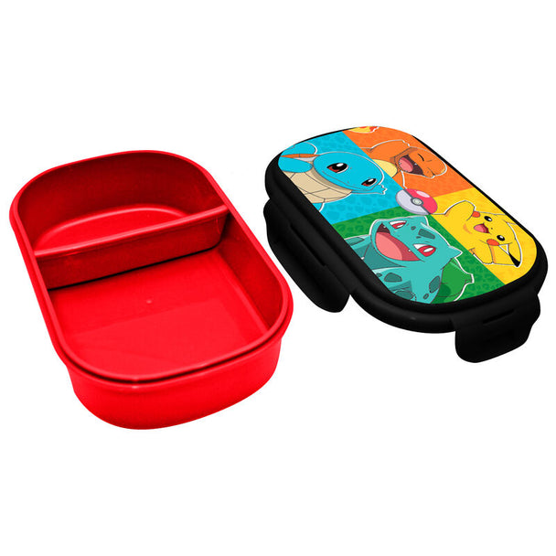 Vue ouverte de la lunch box Pokémon montrant les compartiments et les couverts assortis