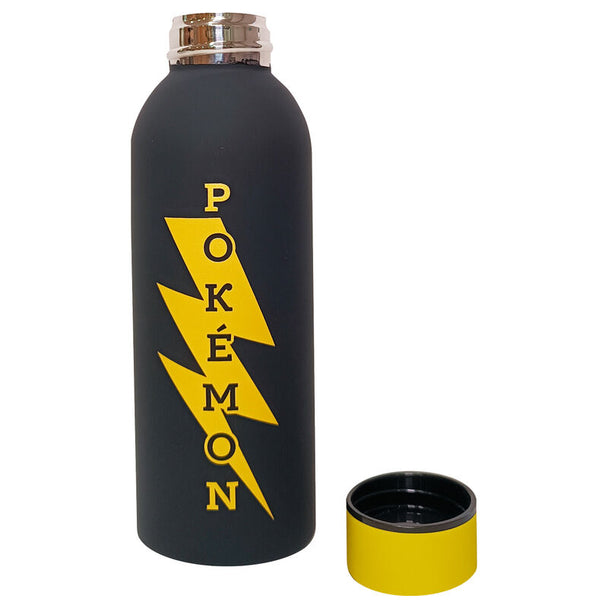 Vue latérale de la bouteille Pokémon Pikachu montrant le logo KIDS LICENSING et le bouchon sécurisé