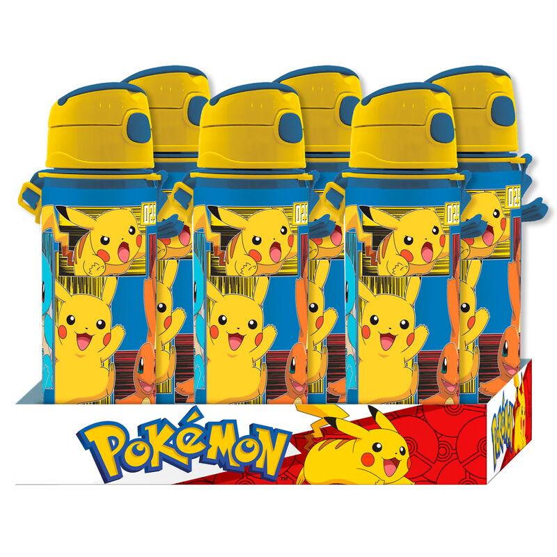 Détail de la gourde Pokémon en aluminium montrant le bouchon sécurisé et la capacité de 600ml