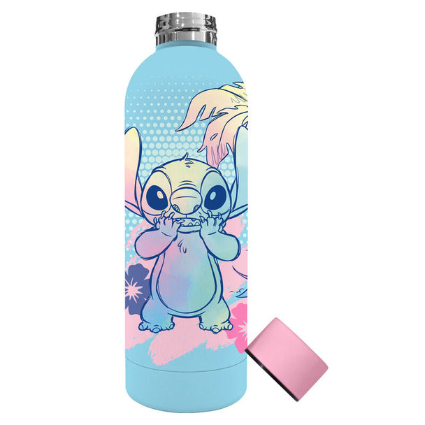 Vue de côté de la bouteille Disney Stitch montrant le bouchon sécurisé et la capacité de 500ml