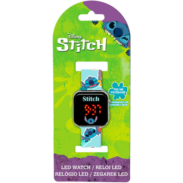 Montre LED pour enfants à l'effigie de Stitch, montrant le bracelet coloré et le boîtier compact
