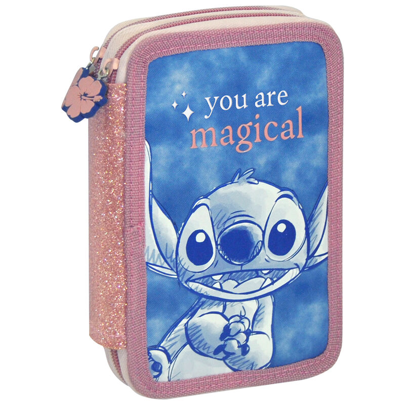Présentation des trois compartiments spacieux de la trousse Disney Stitch pour une organisation optimale