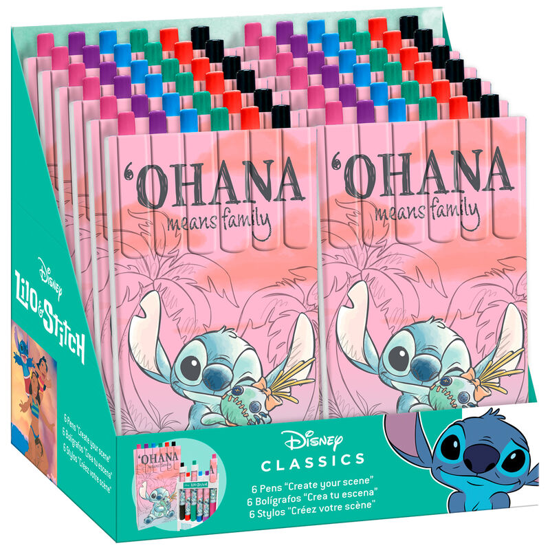 Packaging blister transparent contenant 6 stylos Disney Stitch, parfait pour enfants et fans de la franchise