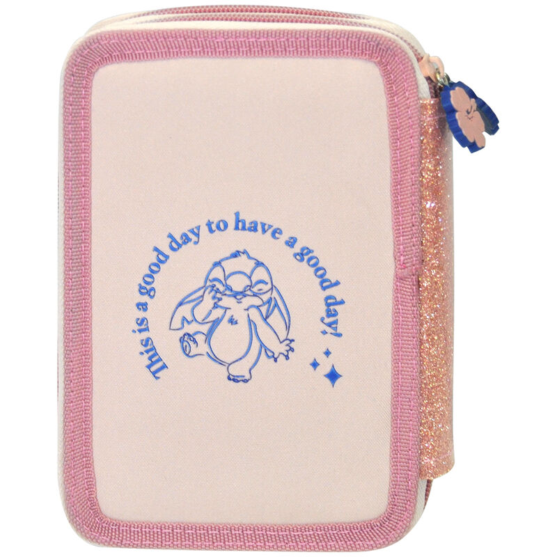 Image de la trousse Disney Stitch posée sur un bureau avec fournitures scolaires colorées