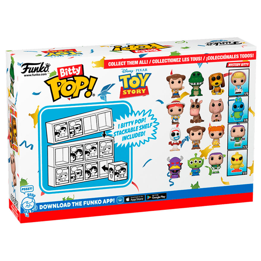 Vue d'ensemble des 4 figurines Bitty POP Toy Story incluses dans le blister FUNKO