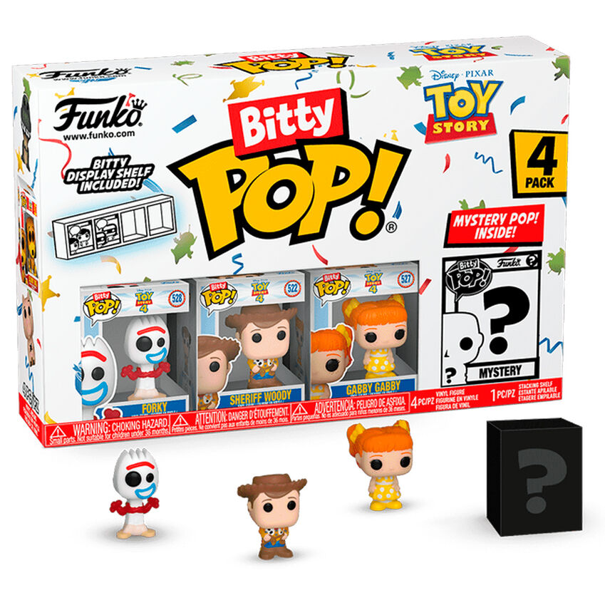 Blister de 4 figurines Bitty POP Disney Toy Story avec Forky en premier plan dans un boîtier en acrylique transparent