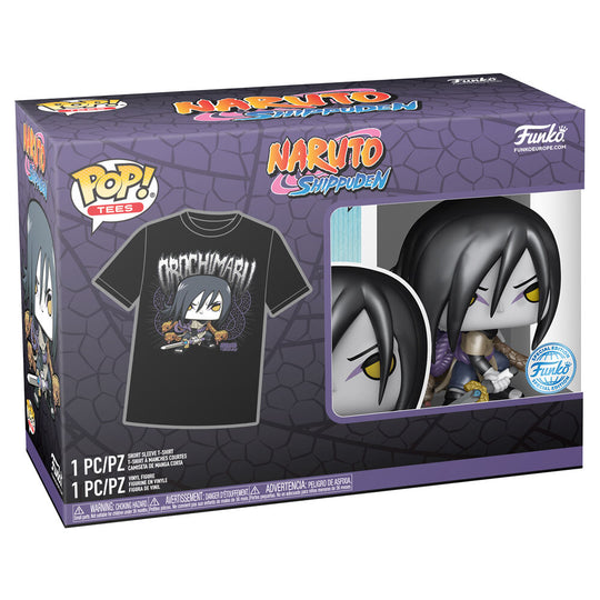 Vue d'ensemble du set comprenant la figurine POP Orochimaru et le t-shirt assorti.