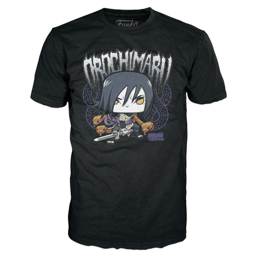 Vue d'ensemble du packaging officiel FUNKO contenant la figurine POP Orochimaru et le T-shirt Naruto Shippuden