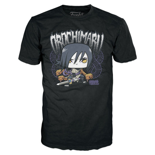 Vue d'ensemble du packaging officiel FUNKO contenant la figurine POP Orochimaru et le T-shirt Naruto Shippuden