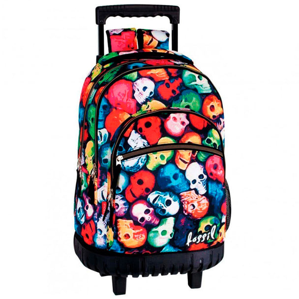 Valise trolley PERONA 46 cm avec motif crânes, vue de face montrant les compartiments zippés et la poignée télescopique.