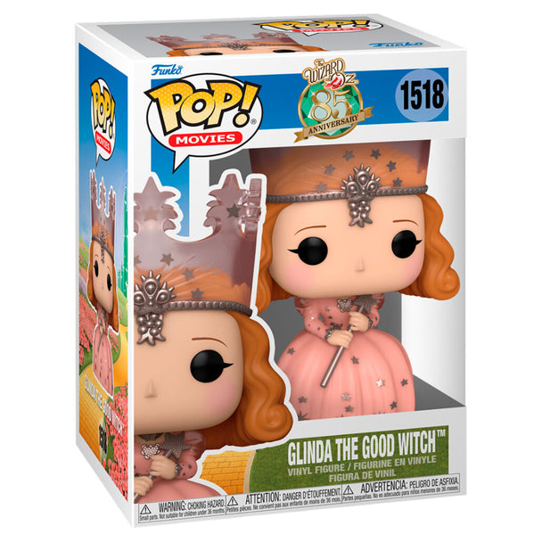 Vue rapprochée de la figurine Funko POP Glinda la Bonne Sorcière avec détails précis du visage et costume
