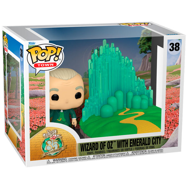 Figurine POP FUNKO El Mago de Oz avec la Cité d'Émeraude visible en arrière-plan, présentation sous plusieurs angles