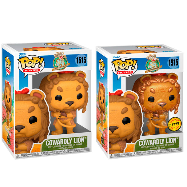 Figurine Funko POP Lion Peureux du Magicien d'Oz vue de face avec détails colorés et boîte cadeau