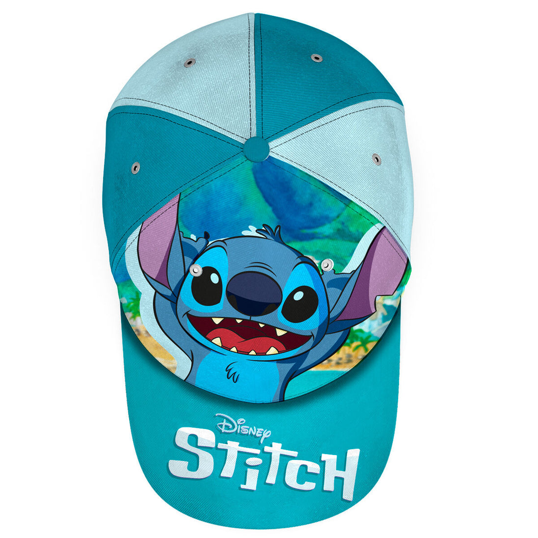 Ensemble de 7 images présentant différentes vues de la casquette Disney Stitch