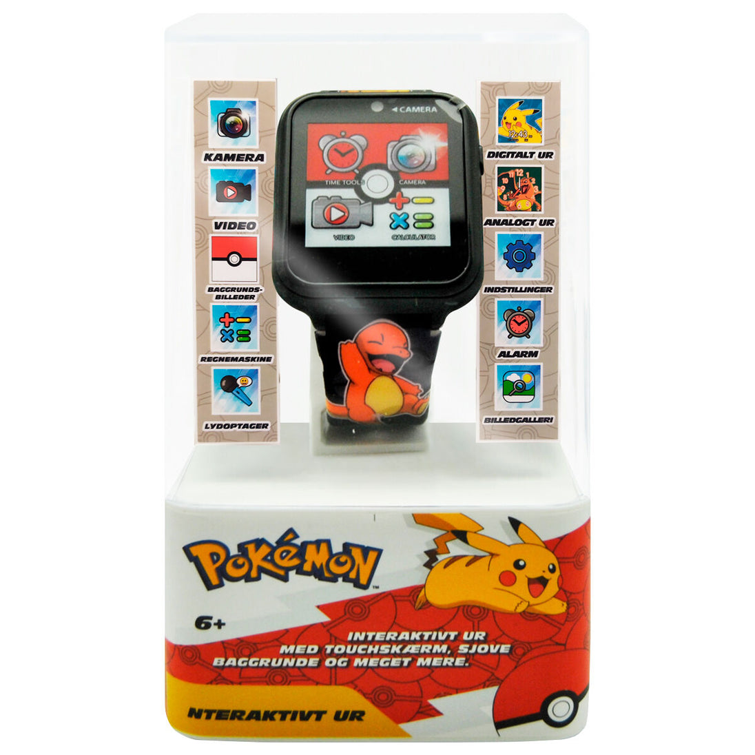 Montre Pokémon posée à côté du câble USB de chargement inclus dans le pack.
