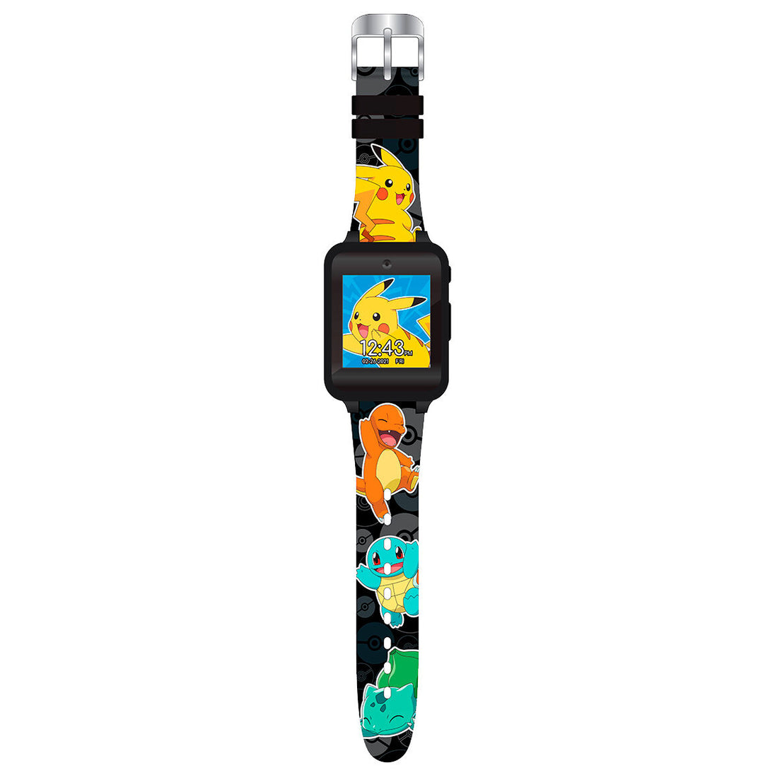 Montre connectée Pokémon officielle vue de face avec écran allumé montrant une photo selfie.