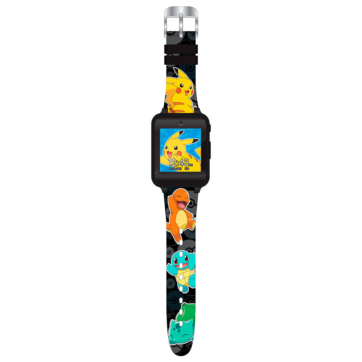 Montre connectée Pokémon officielle vue de face avec écran allumé montrant une photo selfie.