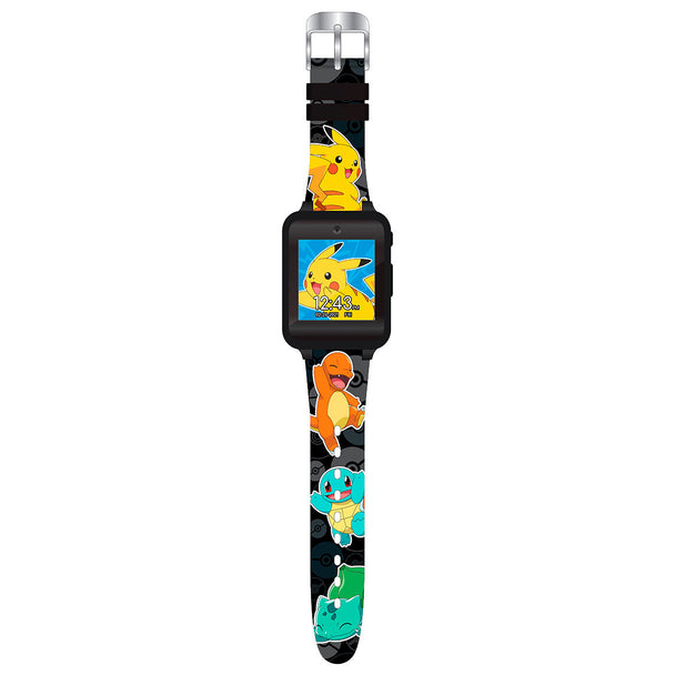 Montre connectée Pokémon officielle vue de face avec écran allumé montrant une photo selfie.