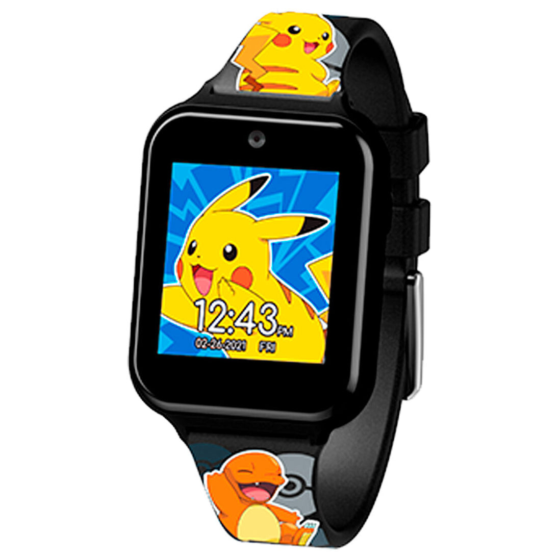 Vue rapprochée de la montre Pokémon montrant les détails du bracelet et des finitions.