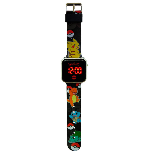Montre LED Pokémon KIDS LICENSING avec écran lumineux affichant l'heure sur fond noir.