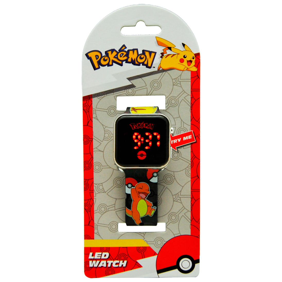Affichage LED rouge vif de la montre Pokémon montrant l'heure dans un environnement sombre.