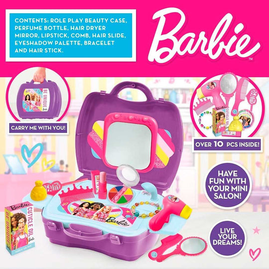 Accessoires du coffret Barbie Hair & Beauty : sèche-cheveux, miroir, rouge à lèvres et flacon de parfum pour enfant.