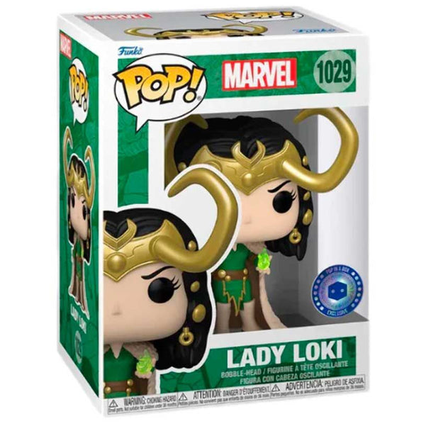Figurine Funko POP Lady Loki exclusive Marvel de 9 cm en vinyle, présentée dans sa boîte cadeau.
