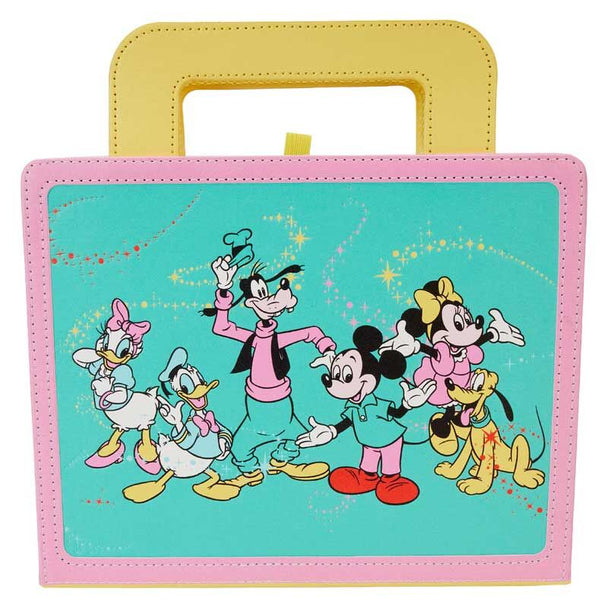 Vue de face du carnet Loungefly Disney Mickey and Friends en simili cuir vegan avec motifs colorés