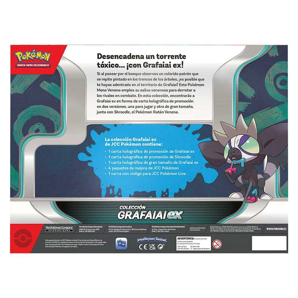 Boîte espagnole du jeu de cartes Pokémon Grafaiai EX avec 4 boosters, cartes promo et carte XL visible
