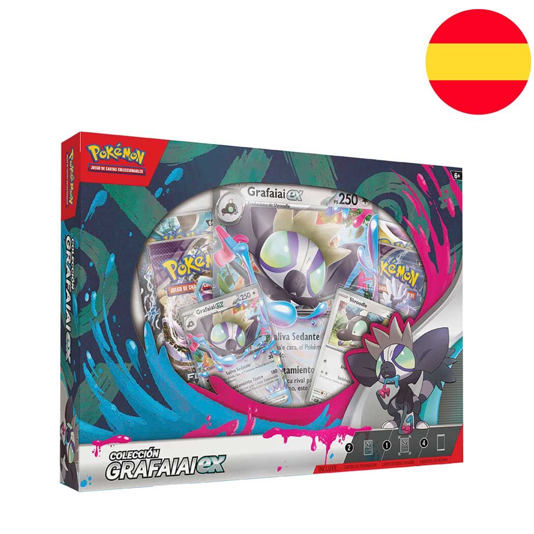 Présentation des cartes incluses dans la boîte Pokémon Grafaiai EX espagnole, avec code en ligne et design coloré