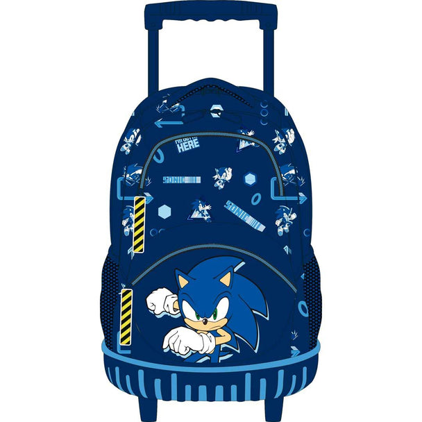 Trolley Sonic the Hedgehog 42cm avec roulettes et sac à dos intégré, idéal pour enfants et voyages.