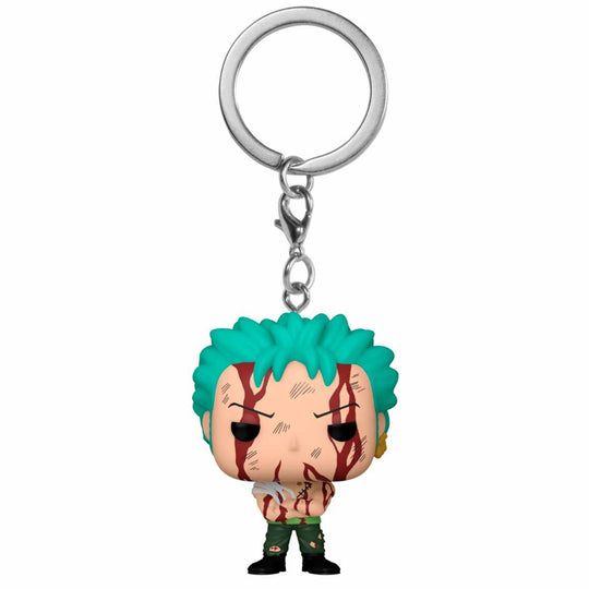 Porte-clés Pocket POP FUNKO représentant Roronoa Zoro de One Piece, vue de face avec détails précis et couleurs vives.