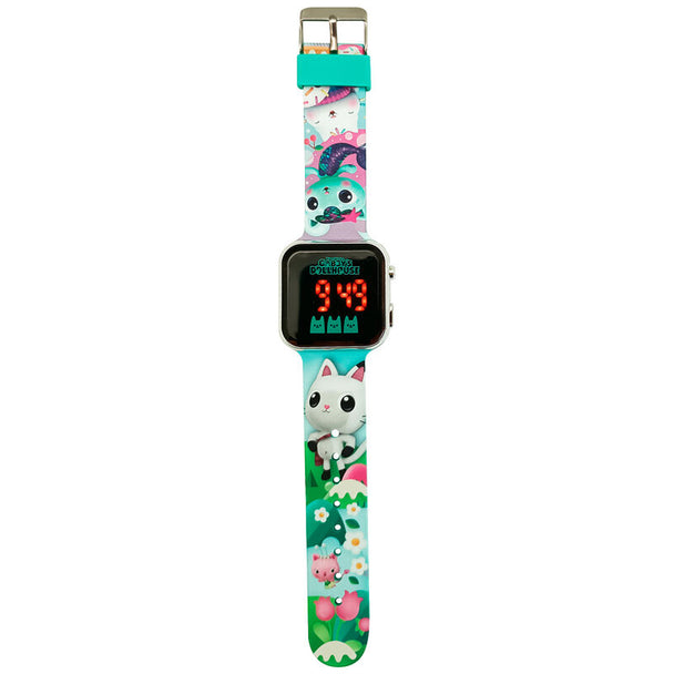 Montre LED Gabbys Dollhouse vue de face avec écran lumineux et bracelet coloré pour enfants