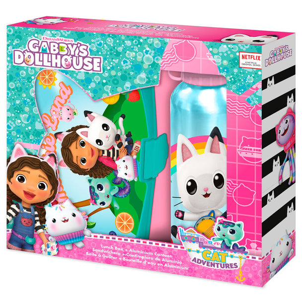Set lunch box Gabbys Dollhouse avec bouteille aluminium 500ml vue de face sur fond blanc