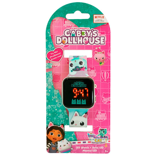 Détail de la montre LED Gabbys Dollhouse montrant les dimensions compactes et le design ludique