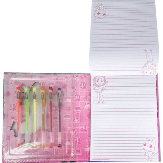 Ensemble complet des 6 stylos gel aux couleurs vives disposés à côté du carnet