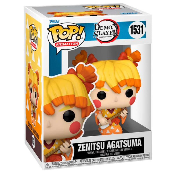 Vue rapprochée de la figurine Zenitsu Agatsuma Funko POP avec détails précis et couleurs vives, emballée dans sa boîte collector.