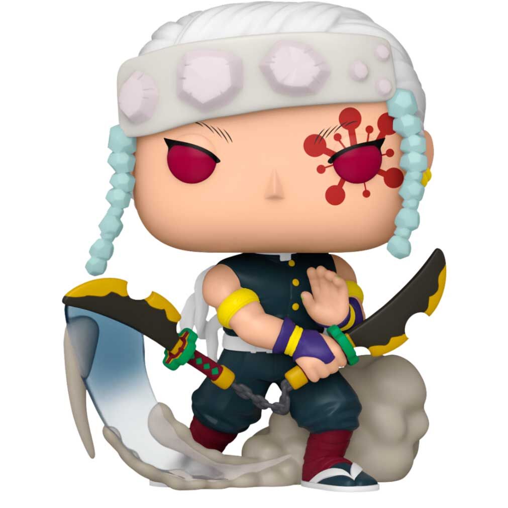 Figurine Funko POP Tengen Uzui Demon Slayer posée sur une étagère avec éclairage naturel
