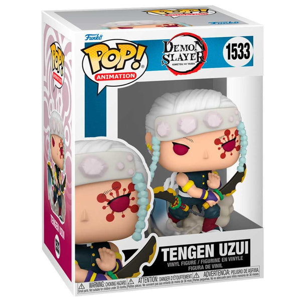 Détail de la tête de la figurine Funko POP Tengen Uzui avec ses accessoires caractéristiques