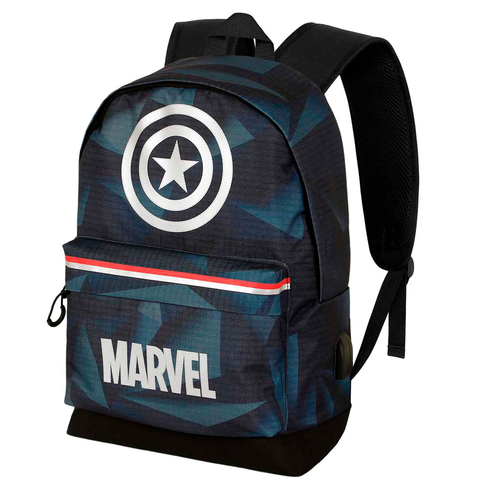 Vue latérale du sac à dos Captain America montrant la fermeture éclair et la texture résistante