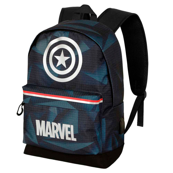 Vue latérale du sac à dos Captain America montrant la fermeture éclair et la texture résistante