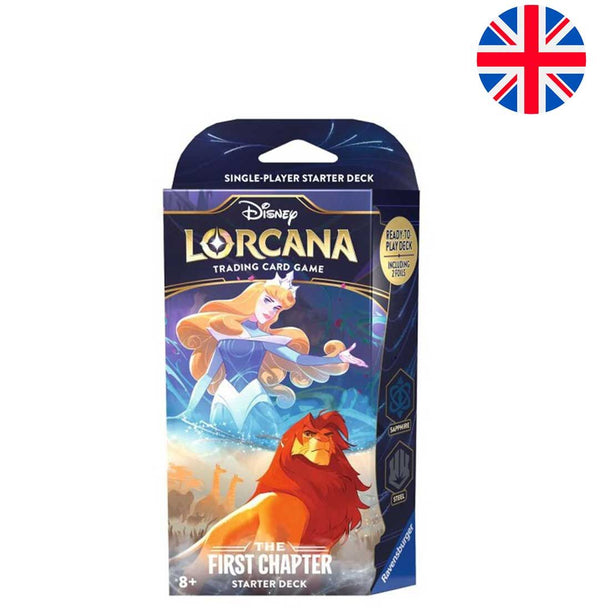 Deck de cartes Lorcana Disney Le Roi Lion The First Chapter en anglais par RAVENSBURGER, vue du packaging et des cartes.