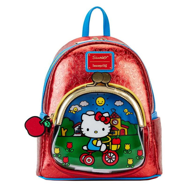 Sac à dos Loungefly Hello Kitty 50e Anniversaire vue de face avec détails dorés et appliqués colorés