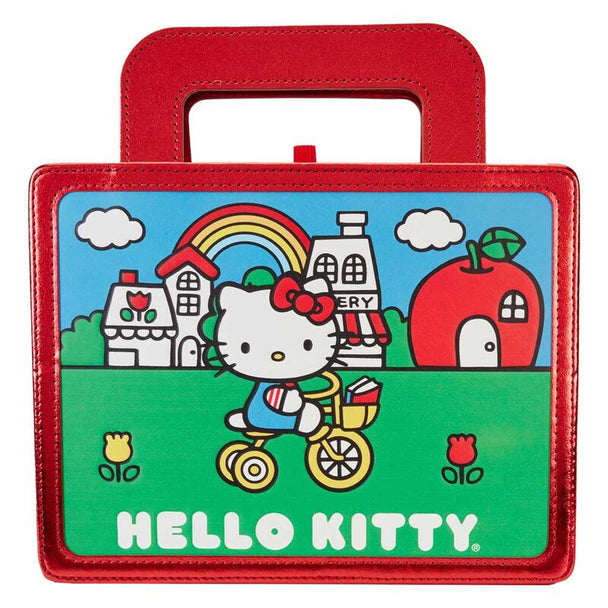 Vue de face du carnet Loungefly Hello Kitty 50e anniversaire en cuir vegan rouge avec logo métallique
