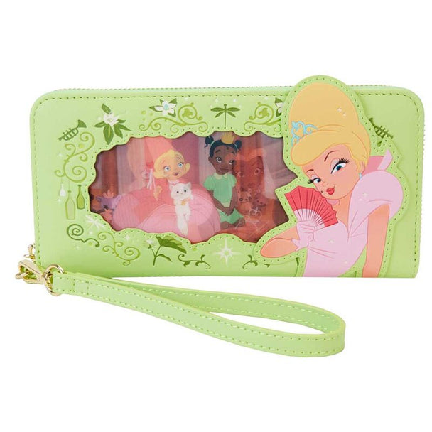 Vue de face du portefeuille Loungefly Disney La Princesse et la Grenouille en simili cuir vegan avec zip doré et détails colorés