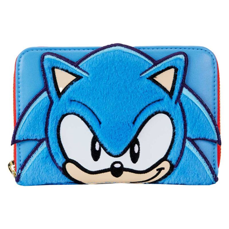 Portefeuille Loungefly Sonic the Hedgehog vue de face avec zip doré et détails brodés